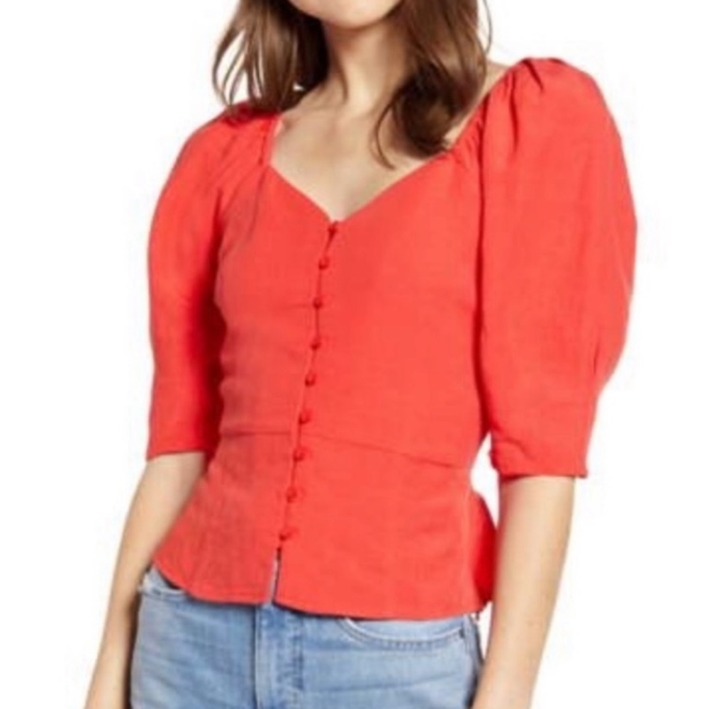 Something Navy Linen Blend Front Button Puff Sleeve Blouse